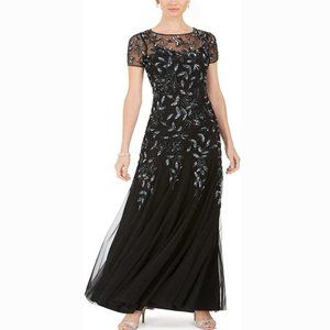 Adrianna Papell Women's Floral Beaded Godet Gown Gunmetal 4
